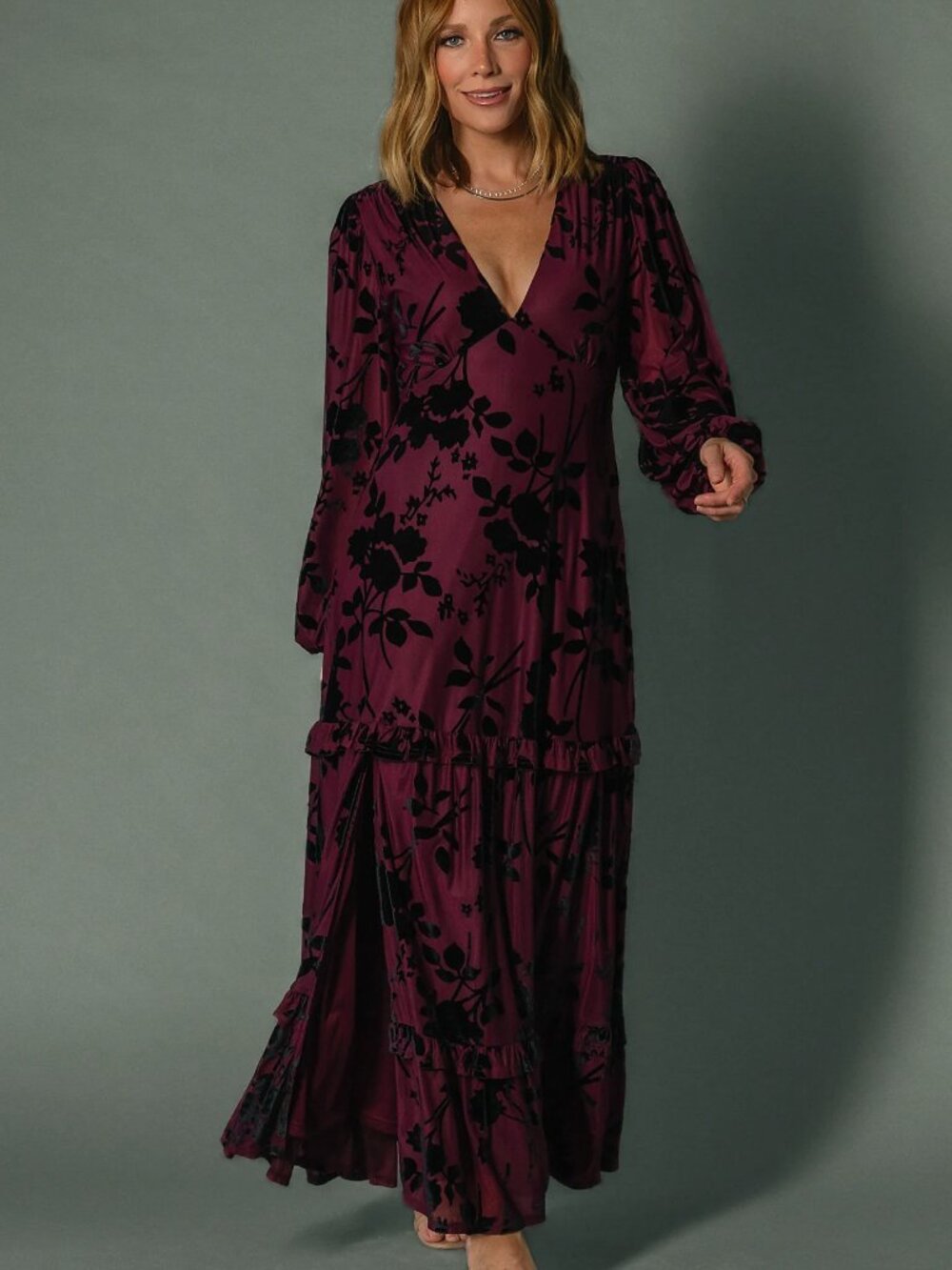 Baltic Born Liana Velvet Burnout Embossed Goth Maxi Dress Plum Black Ruffle Tier